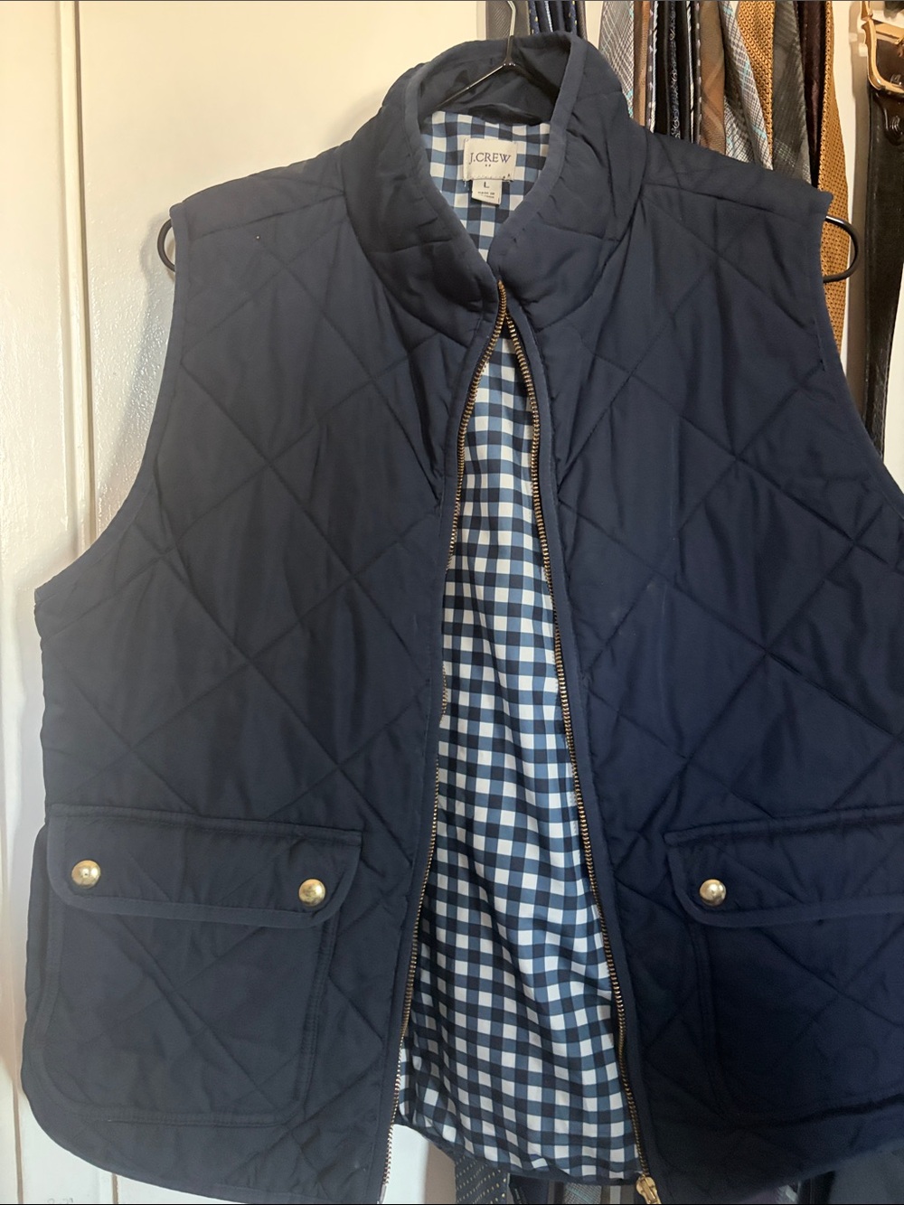 J. Crew Navy Quilted Men's Vest with Gingham Lining